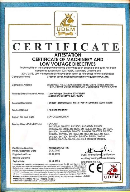 China Foshan Sayok Intelligent Machinery Co., Ltd.， Certificações